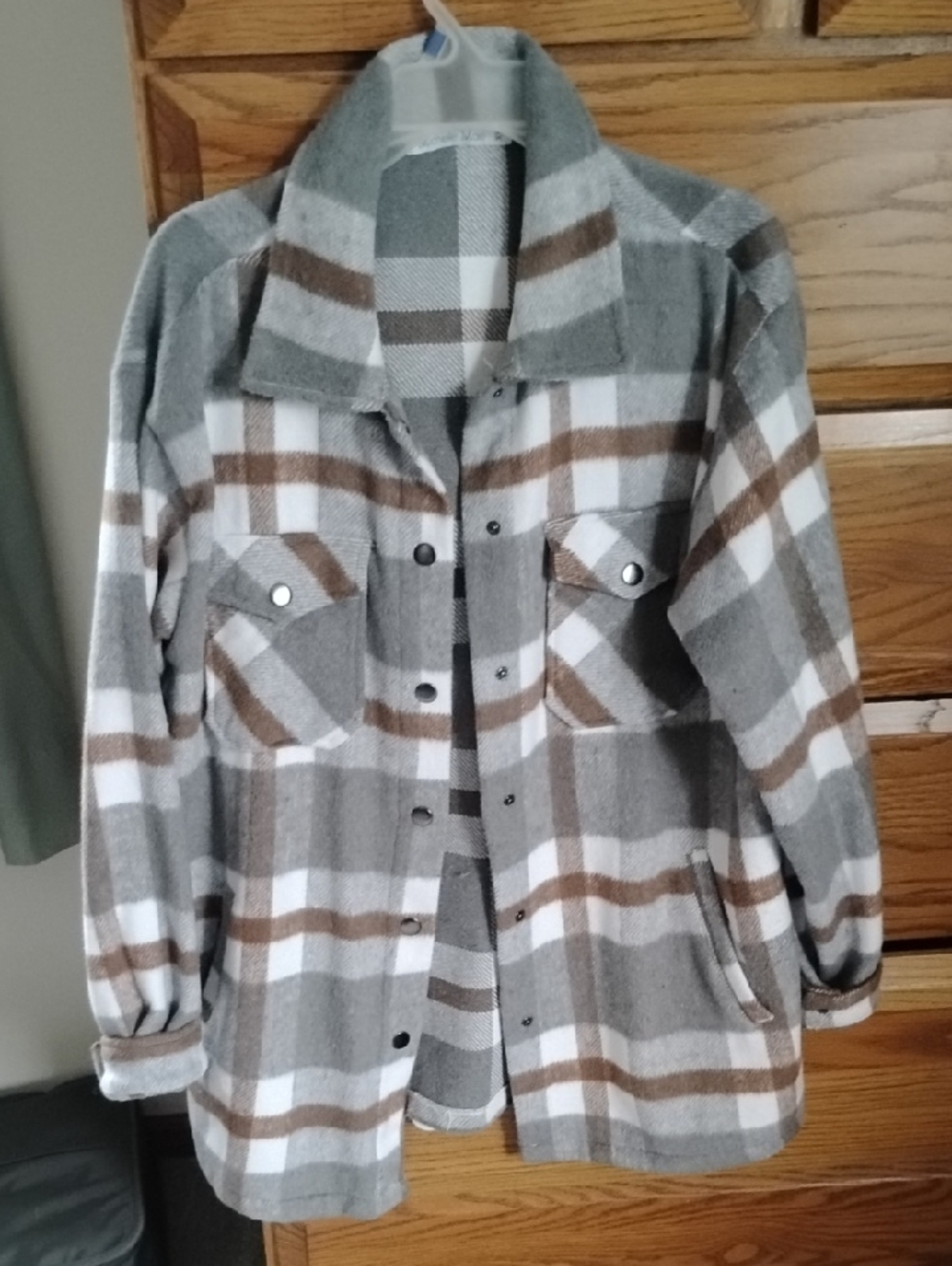 Michelle Mae Gray, White & Brown Plaid Utility Shacket